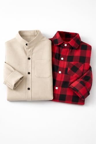 Image of Boys Mandarin Collar Shirt with Chest Pocket Beige and Rama Blue Color, Long Sleeve Button-Down Casual Shirt Pack of 2