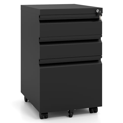 COSTWAY Caisson de Bureau sur Roulette avec Frein, 3 Tiroirs Verrouillable, Métal, Meuble Dossier...