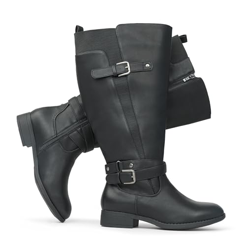 Chicblooms Damen Reitstiefel mit extra breitem Schaft, niedrigem Absatz, Knöchelriemen, schlankes Design, kniehohe Stiefel, Schwarz Synthetik EU 41