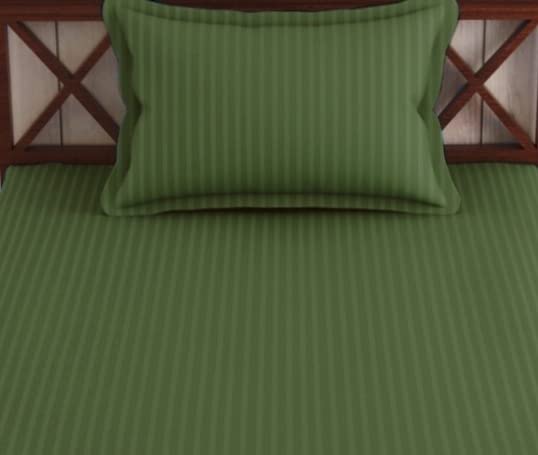 Image of Trance Home Linen 100% Cotton 72x30 inch Single Fitted 200TC Satin Stripe Elastic Fitted Bedsheet | Single Bed Size Daily use Fitted Bedspread with 1 Pillow Covers (72 inchx30 inch | 6x2.5 feet,Moss Green)