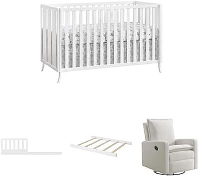 Oxford Baby 4 PC Nursery Set Arlie 4 in 1 Convertible Island Crib White, Toddler Guard Rail White, Full Bed Conversion Kit White + Uptown Nursery Chair, Boucle White Upholstered Swivel Glider