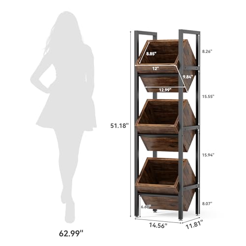 LITTLE TREE 3-Tier Basket Stand, Wooden Floor Stand Shelving Unit, Standing Organizer Storage Rack for Kitchen, Bathroom, Living Room (Rustic Brown, 2) by LITTLE TREE - Image 5