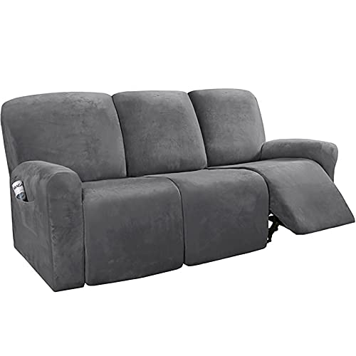 HUISHANGYOUMi Recliner Sofa Covers 3 Seater Stretch Reclining Couch Slipcovers Velvet Cushion Anti-Slip Foams Attached Machine Washable Grey (8-Pieces)