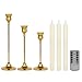 Gold Candlestick Holder Set - Brass Candlestick Holders with 3 Flameless Taper Candles, Gold Candle Stick Holders for Elegant Decor - Gold Taper Candle Holder for Weddings, Parties, and Home