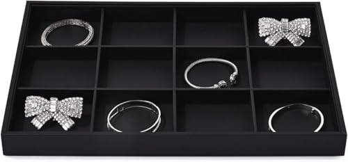 12 Grids Black Leather Jewelry Trays Stackable Jewelry Organizer Trays For Drawer Bracelet Earring Display Watches Brooches Display (Black)