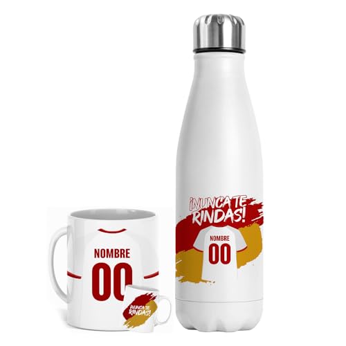 Set Taza y Botella Térmica Personalizada Fútbol | Regalo Original para Aficionados del Fútbol | Regalo Camisetas Equipos Futbol | Termo Acero Inoxidable Doble Capa 500 ml (Sevilla)