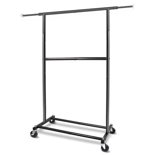 Fishat Black Simple Standard Rod Rolling Clothing Garment Rack, Metal Clothes Organizer with Lockable Wheels