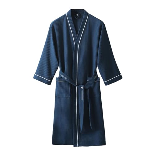 Unisex 100% cotton Waffle Knit Robe V Neck Midi Kimono Robes Soft Lightweight Spa Bathrobe with Pockets