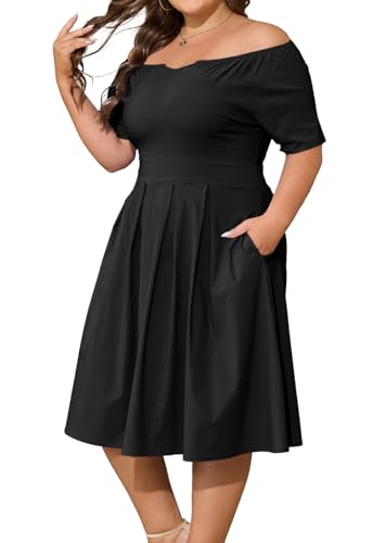 Image of Womens Plus Size Summer Dresses Off Shoulder Short Sleeve A-Line Wedding Guest Swing Waist Midi Dress with Pockets