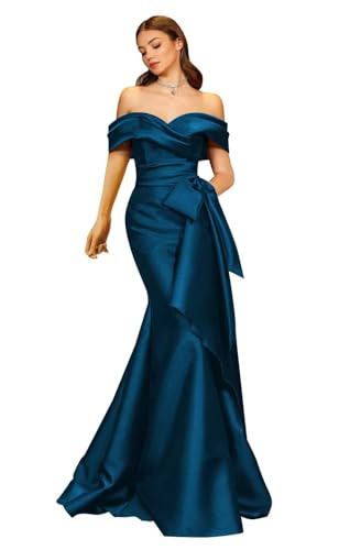 Mermaid Satin Prom Dress for Women 2025 Off The Shoulder Bridesmaid Dresses Long Formal Evening Party Gowns with Big Bow4