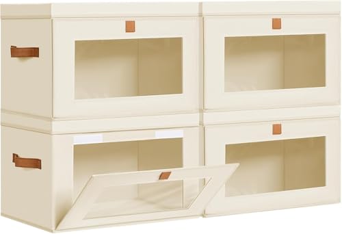 Image of DIMJ Storage Bins with Lids - 4 Pack Fabric Closet Organizer with Window & Handles, Collapsible Decorative Storage Boxes for Shelves Under Bed, Books Clothes Blankets Sweaters Organization