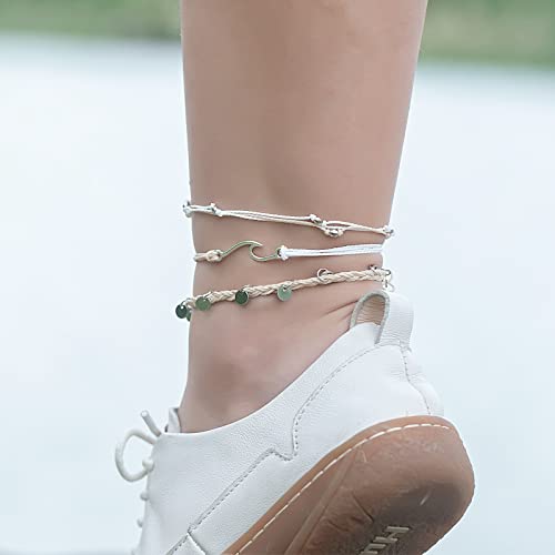 Image of Waterproof String Anklets Cute Beaded Ankle Bracelets Beach Wave Anklet Stainless Steel Coin Boho Ankle Jewelry for Women