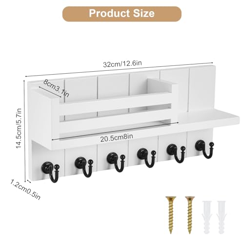 JF HOME BLISS Key Holder for Wall with 6 Hooks & Mail Shelf Rustic Wooden Key Rack Wall Mounted Entryway Organizer for Keys Mail Sunglasses for Hallway Kitchen Office Bedroom (White) - Cosy Home Interiors JF HOME BLISS Key Holder for Wall with 6 Hooks & Mail Shelf Rustic Wooden Key Rack Wall Mounted Entryway Organizer for Keys Mail Sunglasses for Hallway Kitchen Office Bedroom (White) - Image 2
