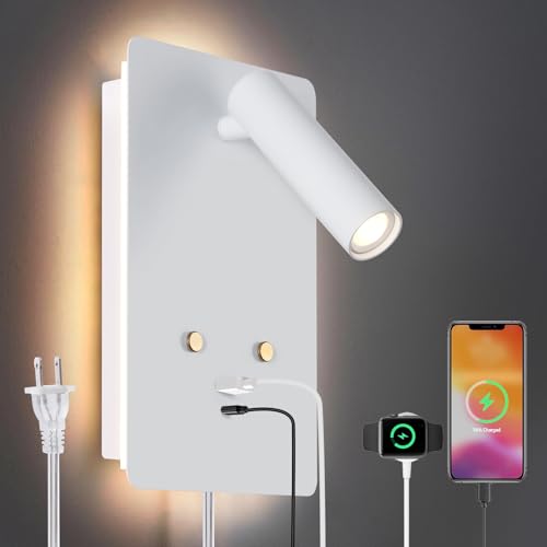 HOMLUCE Dimmable Wall Lamps for Bedroom Plug in with USB C Charger, Wall Mounted Reading Light for Bed Books Bedside nightstand, Modern Wall Sconce with Switch Backlight Home Hotel Indoor White