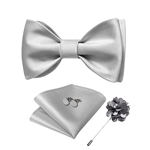 Image of DiBanGu Satin Bow tie Self-Tied Bowtie Set for Men Wedding Prom | Solid Color,Skin-Friendly,Versatile Accessory,Lapel Pin,Pocket Square,Cufflinks,School Dance,Banquet,Dinner,Celebration