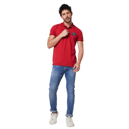 Image of Spykar Men's Slim Fit Polo Neck Half Sleeve Solid Casual T-Shirt