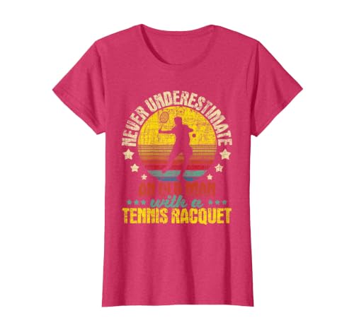 Never Underestimate an Old Man - Tennis Racket Sports Lover T-Shirt, Women, Red Heather, X-Large