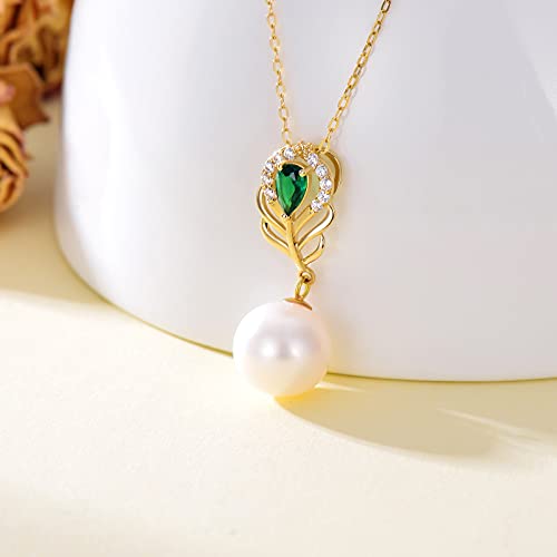 14k Gold Pearl Necklace for Women, Cubic Zirconia Peacock Pendant and Gold Chain Jewelry Gifts for Her, 16-18 Inch2
