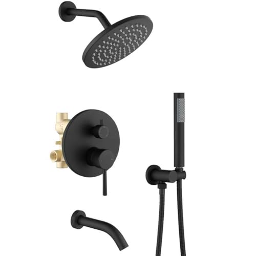 RF SUNUAN Shower System with Tub Spout, Black Bathtub Shower Faucet Set, 8" Rain Shower Head and Handheld Spray Combo, Round Shower Head and Handle Set with Tub Spout (Valve Included), Matte Black by RF SUNUAN - Used condition - US$107.64