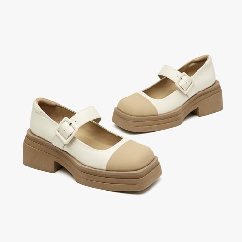 Image of BEAU TODAY Women's Beige Mary Jane Pumps, Size 12, Casual Dress Shoes for Women, Spring /Autumn /Fall, Platform Heel, Leather Sole