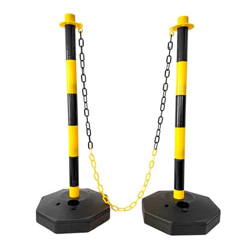 2 Traffic Safety Delineator Posts - Yellow and Black | Height Adjustable Barrier Posts with Fillable Base and 2 Meter Plastic Chain | Portable Indoor Queue & Access Control Poles with S Connectors