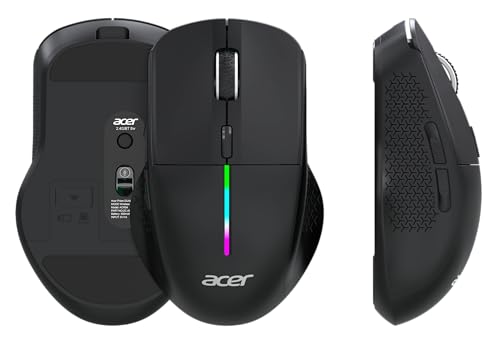 Acer Prism Wireless Mouse | Dual Mode 2.4GHz & BT 5.1 | 6 Buttons with Scroll Wheel | 800/1200/1600 DPI | Rechargeable 500mAh Battery | Running RGB | Lightweight 73g I Windows & Mac Compatible – Black