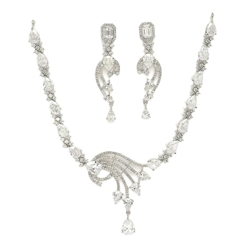 Image of ZENEME Rhodium Plated Silver Toned American Diamond Studded Paisley Necklace With Earrings Jewellery Set For Women & Girls