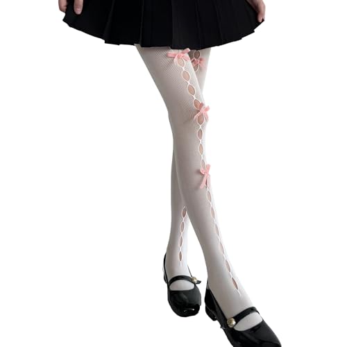 LKTEE - Cute White Stockings with Bows | 6-Bow Design Tights for Lolita Fashion, Party, Elegant White Tights with Bows (US, Alpha, One Size, Regular, Regular, 1, Big pink butterfly)
