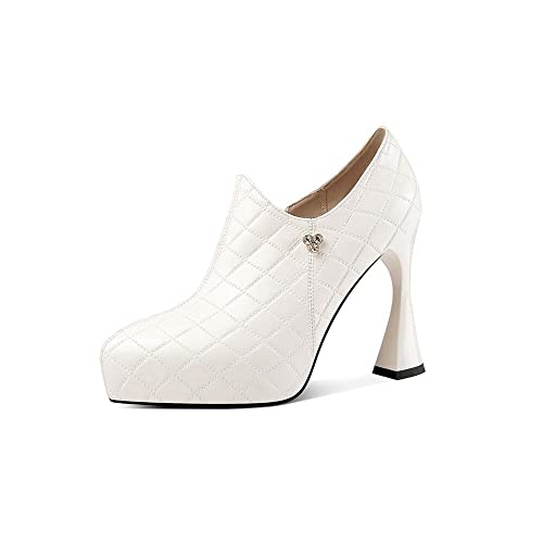 TinaCus Women's Genuine Leather Handmade Plaid Side Zip Up Pointed Toe High Stiletto Heel Platform Pumps Shoes