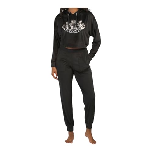 Juicy Couture Women’s Velvet Fleece Long Sleeve Top with Joggers Pajama Set (US, Alpha, Medium, Regular, Regular, Black/Silver)