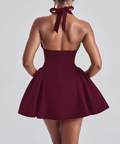 Image of Kwunbwa Women's Sexy Sleeveless V Neck Halter Backless A line Mini Dress | Ruffle hem, flowy, solid color, suitable for casual, party, cocktail, club, prom, wedding guest, vacation, birthday, travel