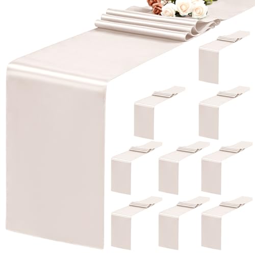 Lot de 10 chemins de table crème 30 x 183 cm chemin de table en satin pour tables rondes rectangulaires, chemin de table crème pour mariage, banquets...