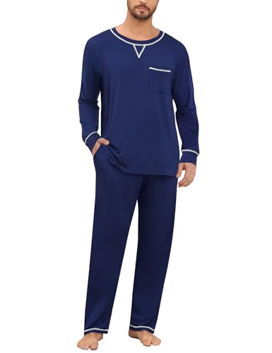 SWOMOG Mens Pajamas Set Modal Long Sleeve Sleepwear Crew Neck Pjs 2 Piece Loungewear Nightshirt Top & Pants with Pockets