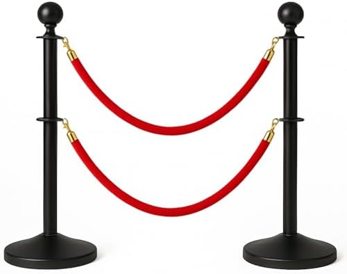 NEW Edition Crowd Control Stanchions Set – Heavy Duty 2-Tier Black Stanchions with Red Velvet Ropes 5FT for Events Parties Weddings
