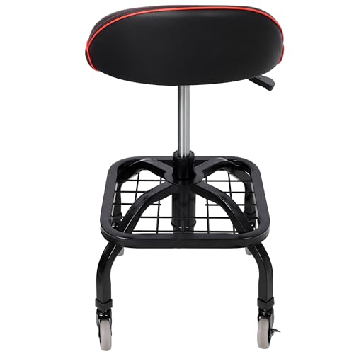 Image of PU Leather Rolling Mechanic Stool, Adjustable Height, Padded Seat with Backrest, with Wheels and Storage Basket, for Garage, Workshop, Home