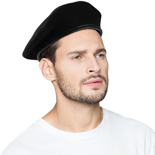 Wool Army Military Beret Hats for Men Women,British Army Style Berets, Fashionable and Vintage,Cap with Adjustable Strap. (Black)