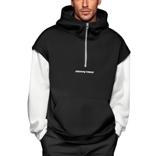 Mens Patchwork Hoodies Embroidered Casual Quarter Zip Hooded Sweatshirts with Kangaroo Pockets Mock Neck Pullover Top