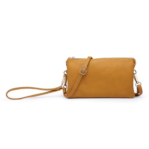 JEN & CO. Riley Small Crossbody Bags for Women Vegan Leather Wristlet Clutch Wallet Purses Handbags with 2 Straps (Mustard)