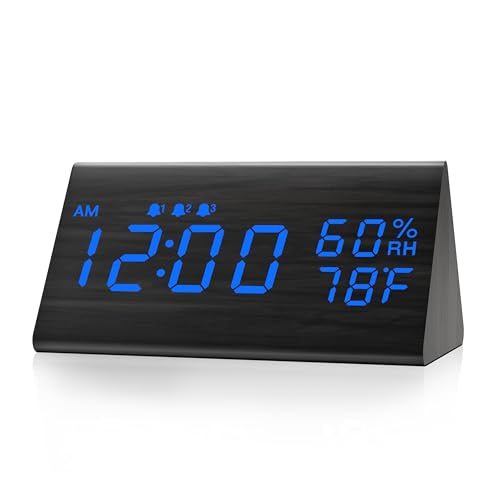 Image of JALL Wooden Digital Alarm Clock for Bedrooms and Office, 3 Alarms with Big Digits, Humidity and Temperature Display, 6-Level Dimmer, Snooze, Loud Desk Clock for Heavy Sleepers, Plug in (Black)
