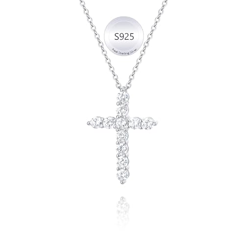 Juvux Cross Necklaces for Women 925 Sterling Silver 18K Gold Plated Cubic Zirconia Cross Pendant Necklace Simple Jesus Cross Necklace Cute Simulated Diamond Jewelry Minimalist Easter Gift (Silver)