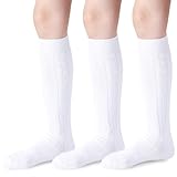 Mini angel Knee High Socks for Girls White Knee High Socks 10-14 Years Seamless Cable Knit Uniform Socks Cotton Long Socks Tube Socks Stockings Kids 3 Pack(White, XL)