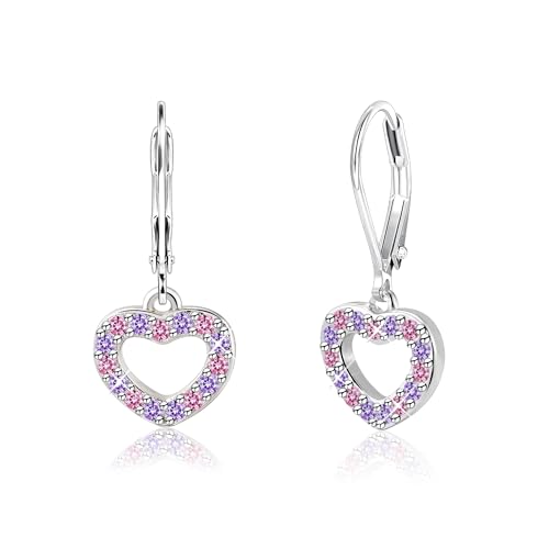 925 Sterling Silver Earrings for Women Girls, Hypoallergenic Cute Lovely Pink Stone Cubic Zirconia Heart Dangle Earring Sterling Silver French Hook Huggie Hoop with Heart Drop Leverback earrings
