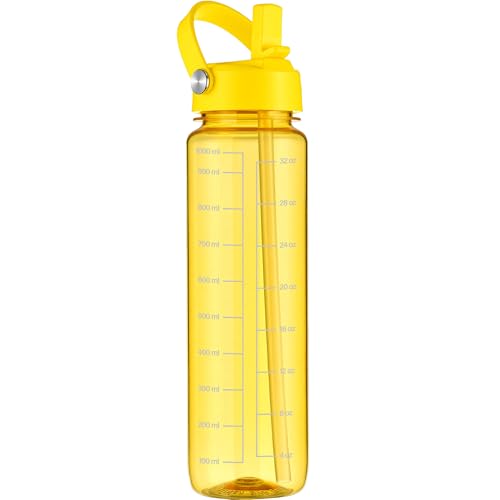 Image of GOPPUS 1000ml/32oz Clear Water Bottle with Straw, Tritan Leakproof Sports Drinking Bottle, BPA Free Wide Mouth Gym Bottle with Handle and Measurement Marks for School, Gym, Travel (Yellow)