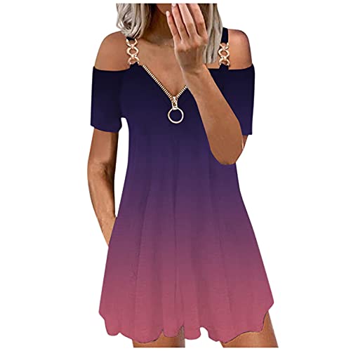 Peigen Women's Summer Dresses Casual Gradient V Neck Zipper Short Dress Sexy Cold Shoulder Short Sleeve Dress Beach Sundress Purple, XX-Large Peigen Women's Summer Dresses Casual Gradient V Neck Zipper Short Dress Sexy Cold Shoulder Short Sleeve Dress Beach Sundress Purple, XX-Large