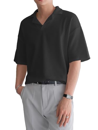 Image of Men's Textured Waffle Knit Polo T-Shirt | Relaxed Fit Half Sleeve Collared Tee | Soft Breathable Casual Summer T-Shirt
