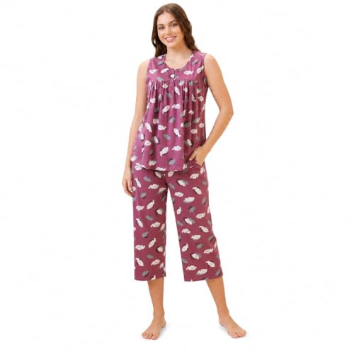 Image of AV2 Women's Cotton Printed Round Neck Sleeveless Night Suit Set | Capri Set | Casual Night Dress for Women