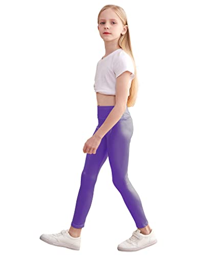 Girls Athletic Leggings Size 9-10 Years Old Sparkly Purple High Rise Tights Casual Breathable Shiny Kids Dance Pants For Running #TOP1