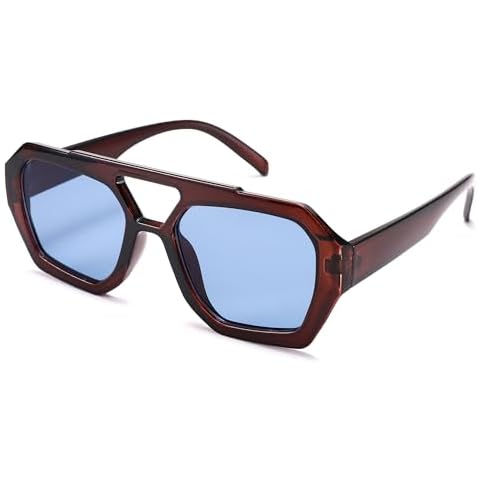 COASION Square Aviator Sunglasses for Women Men, Hexagonal Thick Frame Double Bridge Sun Glasses Shades for Wide Face (Brown/Blue) Cover