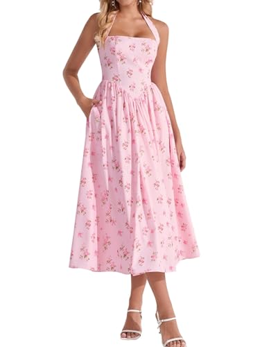 Image of Parthea Women's Floral Halter Corset Midi Dress 2026 Elegant Smocked Flowy Wedding Guest Dresses with Pockets