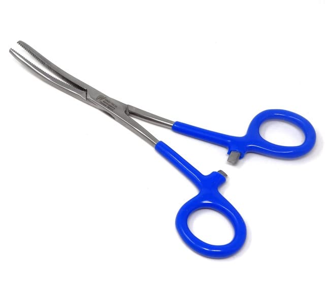 Heavy Duty Comfort Colored Grip Handle Locking Hemostat Forceps with Curved Full Serrated Jaws for Better Grip (Blue Grip)